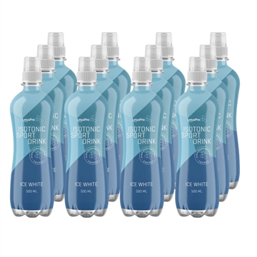 Sæt med 12 x 500 ml LinusPro Isotonic Ice White sportdrikflasker, grupperet med synlige etiketter.